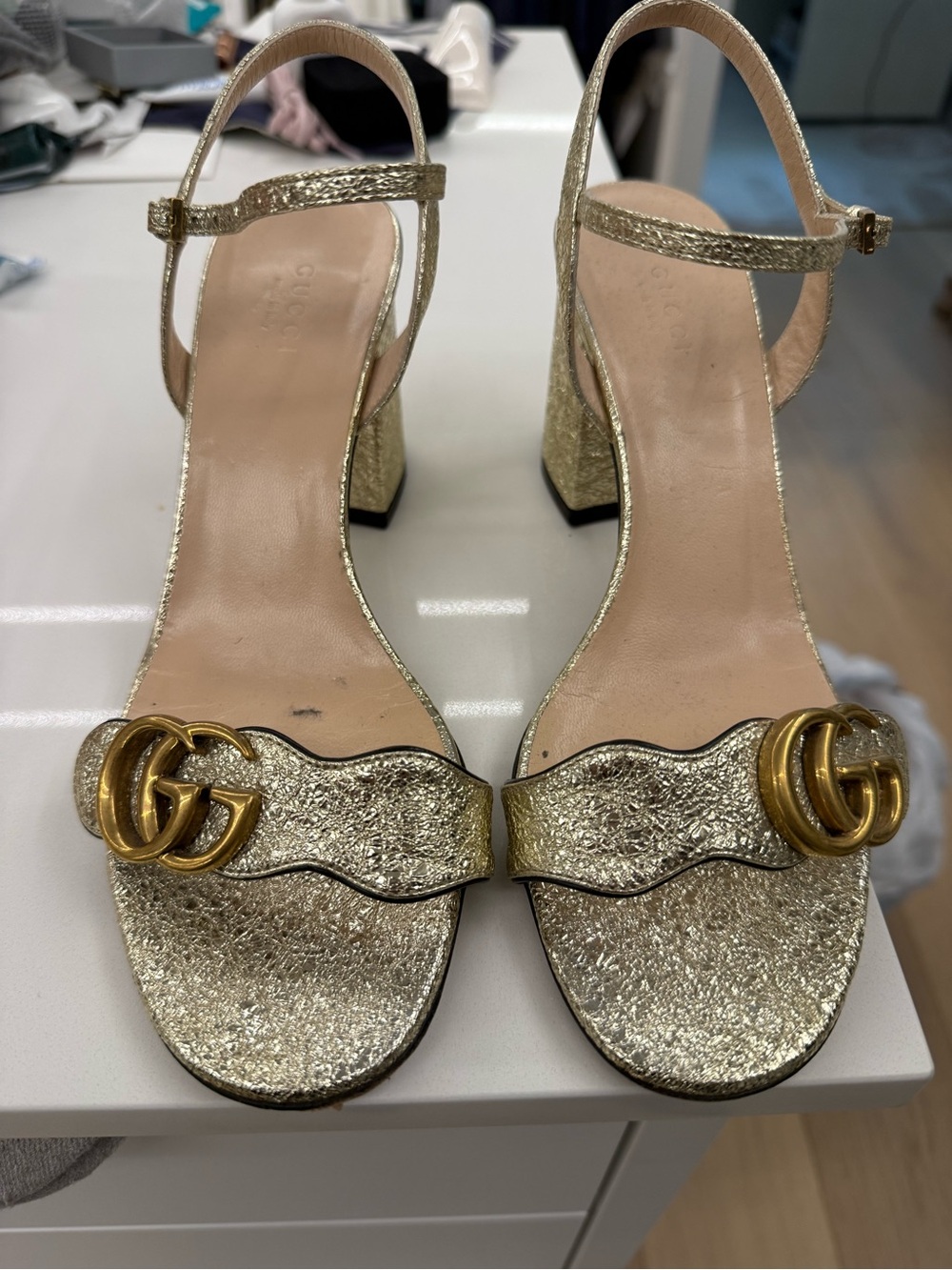 Gucci Metallic Gold GG Block Heel Sandals